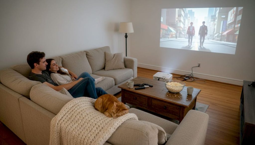 Couple using smart projector in living room
