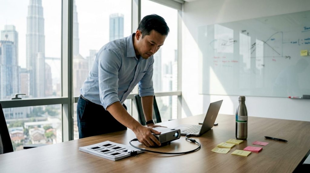 Presenter adjusting projector in Malaysian office
