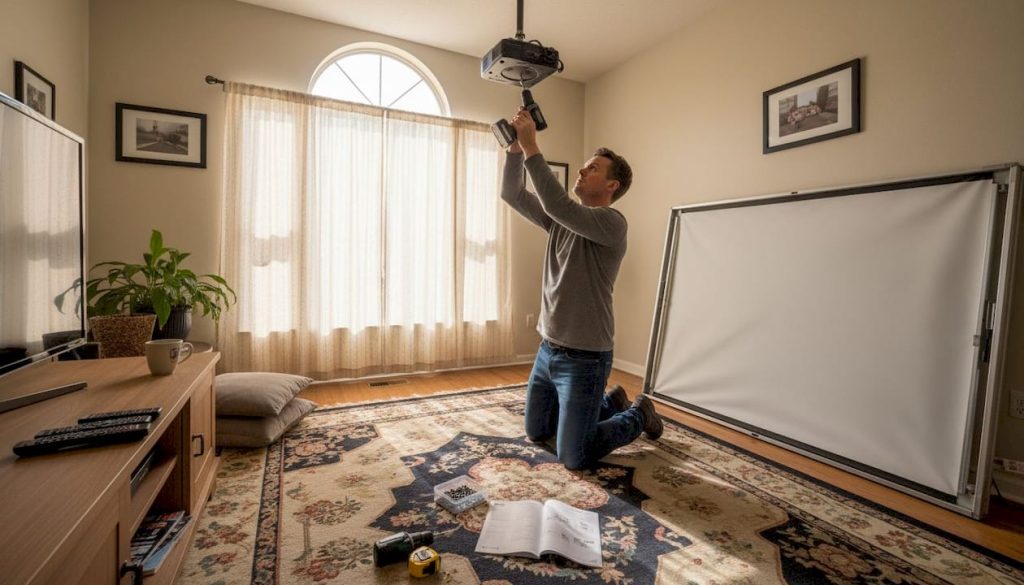 Man installing projector mount in living room