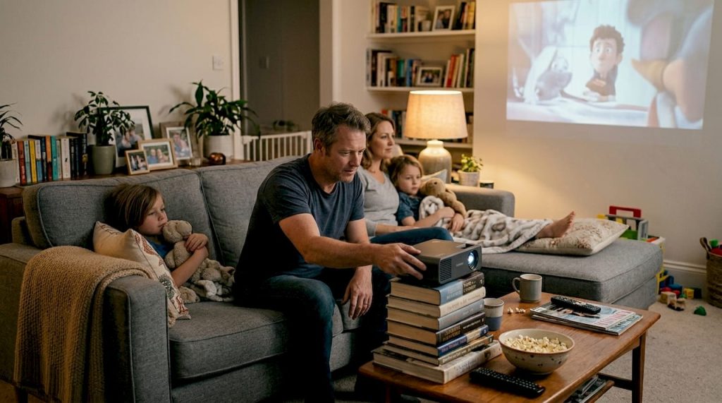 Sekeluarga sedang bersantai menonton filem bersama-sama menggunakan projektor di rumah, menikmati suasana seperti di pawagam tanpa perlu keluar.