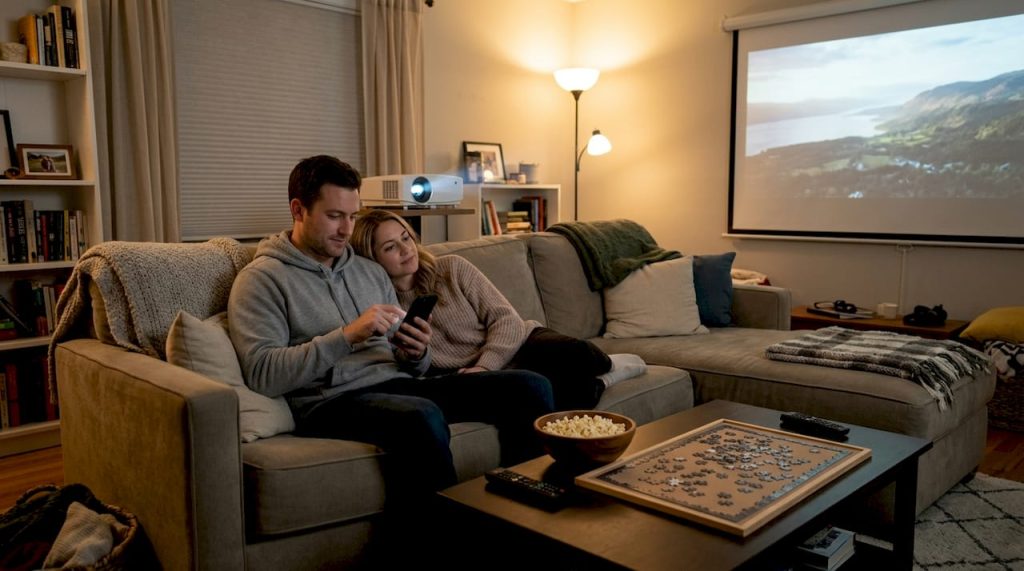 Couple using projector app for movie night