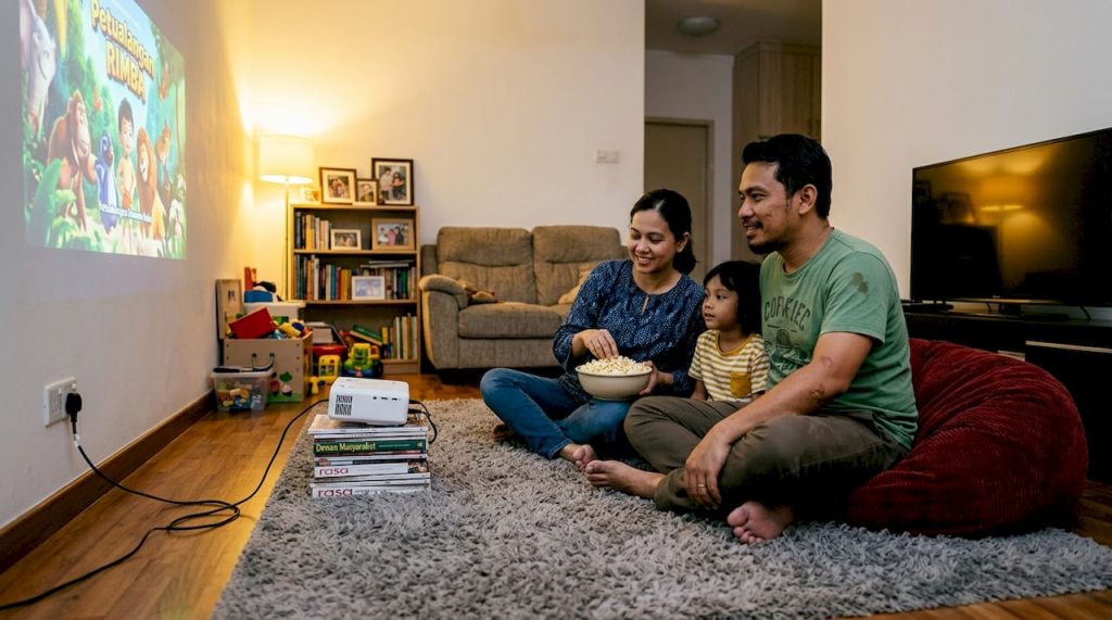 Satu keluarga santai menonton bersama menggunakan projektor mini di ruang tamu yang sederhana.