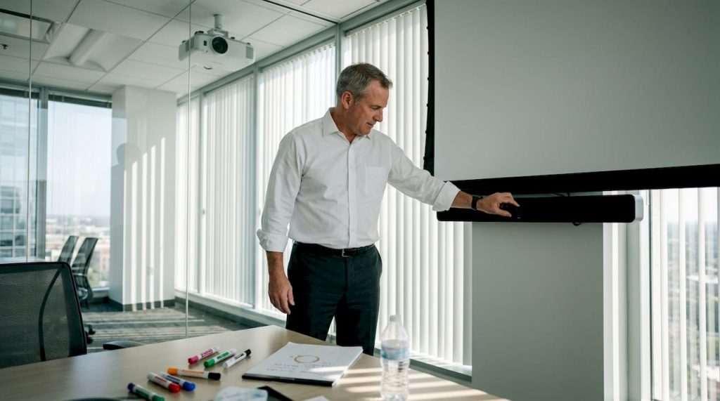Manager adjusts projector audio setup in office