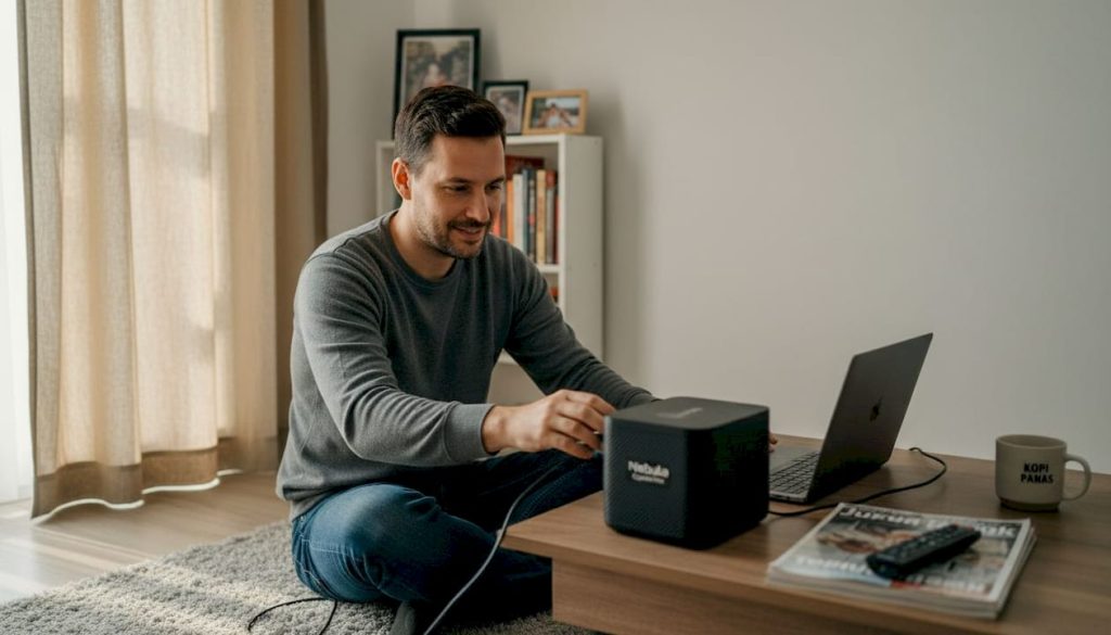 Seorang lelaki memasang projektor di ruang tamu rumahnya untuk menikmati suasana seperti di pawagam.