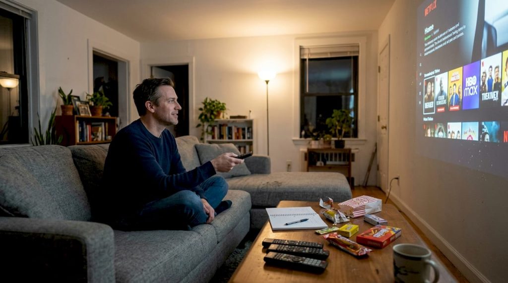 Man using projector in everyday living room