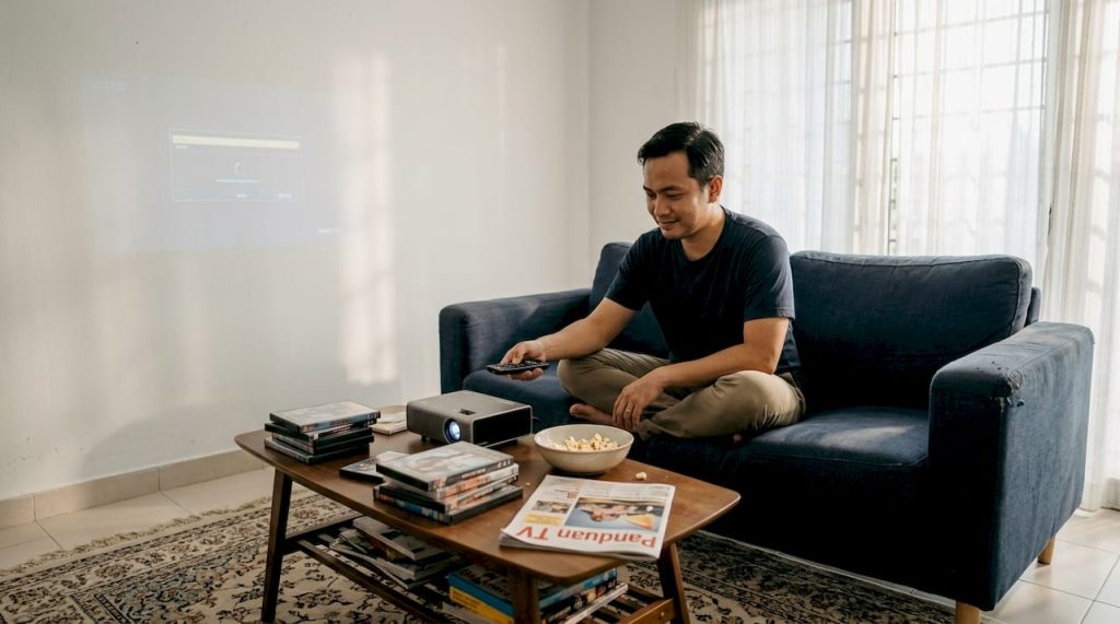 Seorang lelaki sedang membetulkan projektor di ruang tamu yang sederhana dan santai.