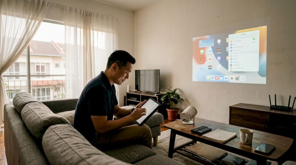 Man configures wireless projector in living room