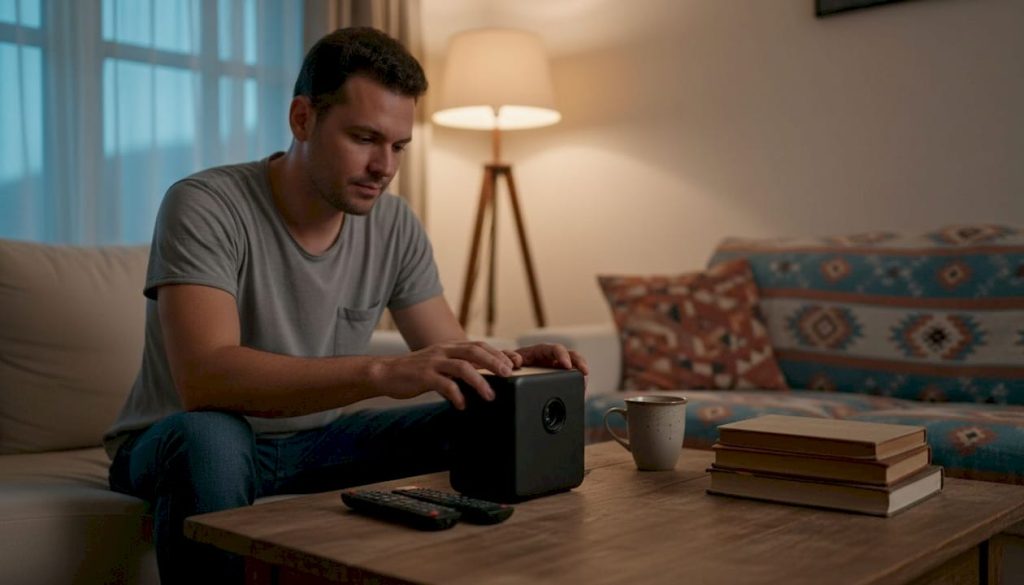 Seorang lelaki sedang memasang projektor mini di rumah, bersiap sedia untuk menikmati pengalaman menonton seperti di pawagam bersama keluarga.