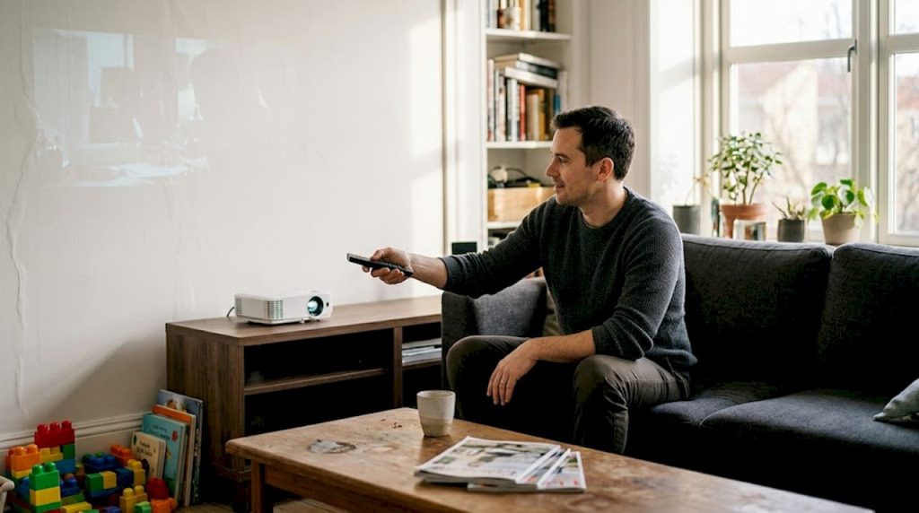 Seorang lelaki sedang melaraskan projektor di ruang tamu.