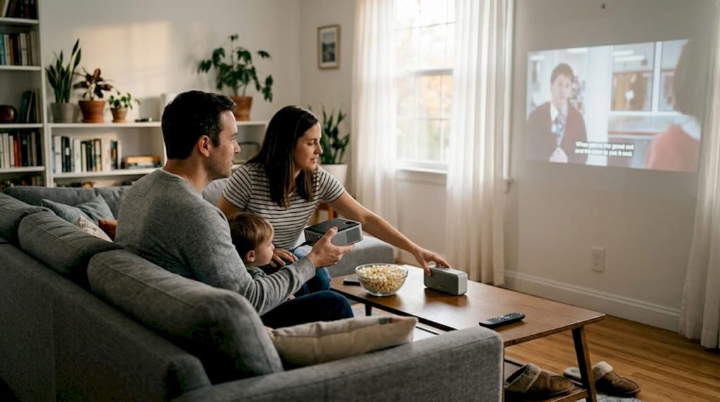 Family using Bluetooth projector at home