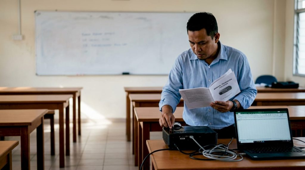 Cikgu sedang menyusun projektor supaya sesuai digunakan dalam bilik mesyuarat.