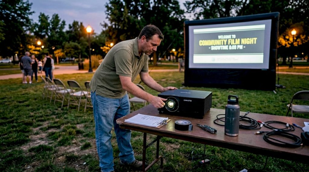 Technician adjusting outdoor projector in park
