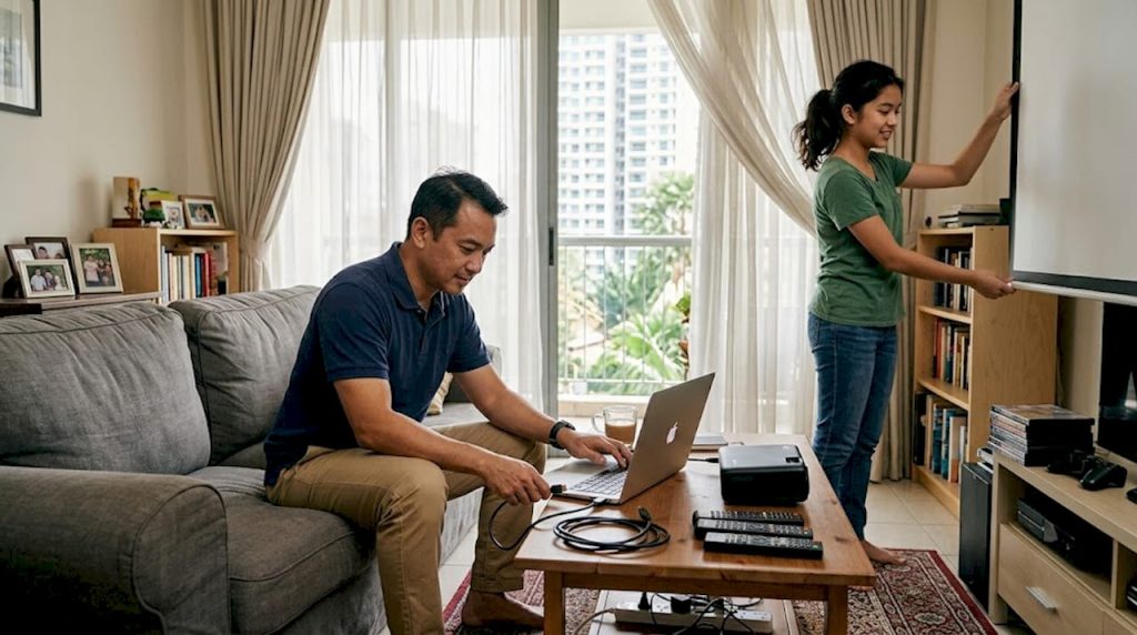 Family setting up projector in Malaysian living room