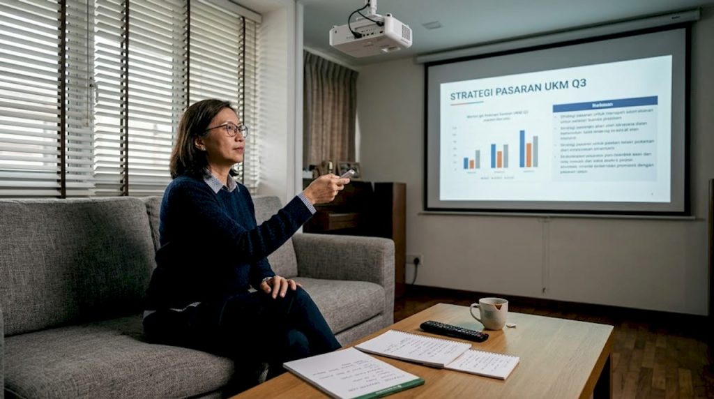 Seorang pakar sedang menyesuaikan zum projektor di rumah untuk memastikan paparan lebih jelas dan sempurna.