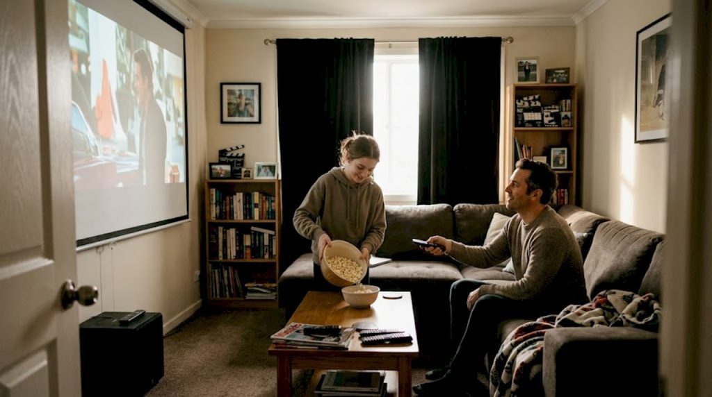 Family sets up projector in everyday living room