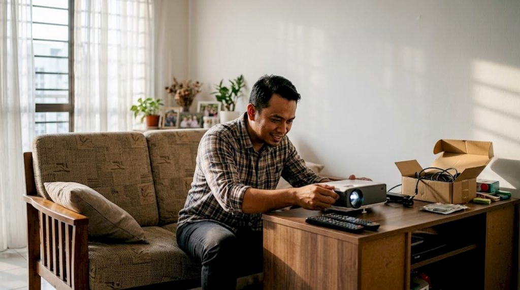 Seorang lelaki sedang melaraskan projektor HD di ruang tamu rumahnya.