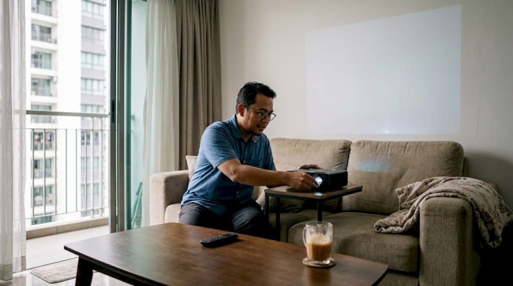 Man adjusting home projector in Malaysia living room