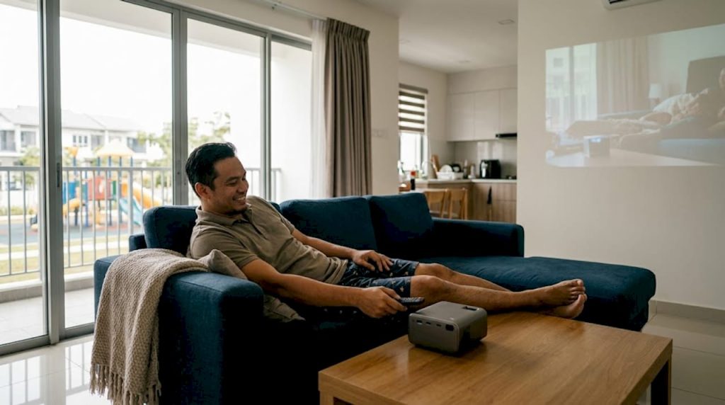 Family using smart projector in Malaysian living room
