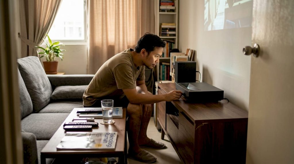 Seorang lelaki sedang membetulkan projektor di ruang tamu yang kecil.