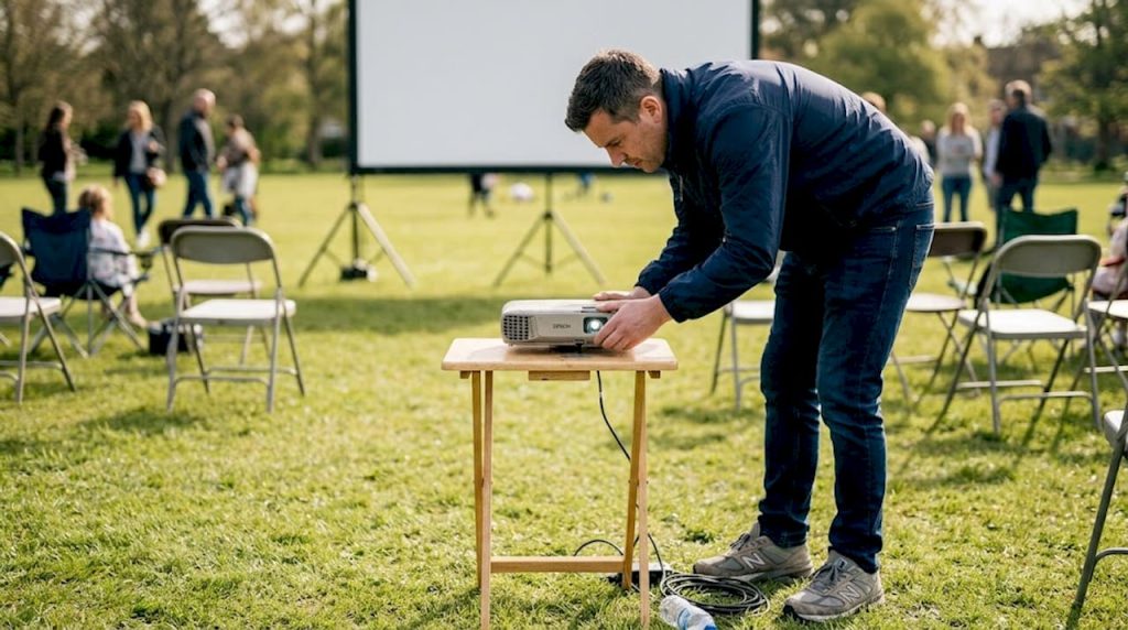 Seorang juruteknik sedang memasang projektor untuk majlis luar.
