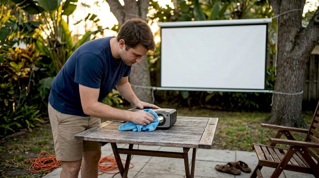 Setting up outdoor projector at dusk in Malaysia