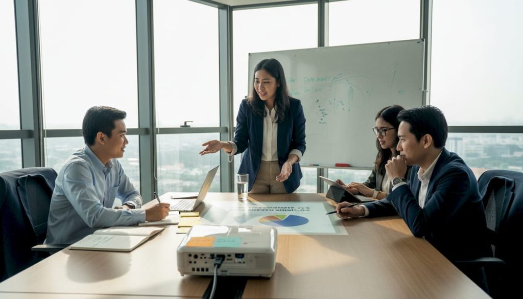 Sekumpulan ahli sedang berbincang dan berkongsi pandangan sambil menggunakan paparan projektor untuk membantu perbincangan mereka.