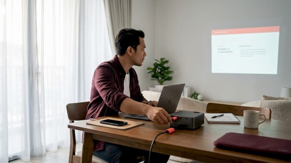 Seorang lelaki sedang menyambungkan komputer riba beliau kepada projektor tanpa wayar.