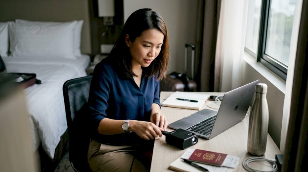 Professional sets up portable travel projector