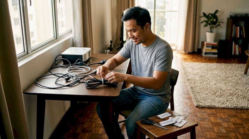 Seorang lelaki sedang menyusun kabel projektor di ruang tamu.