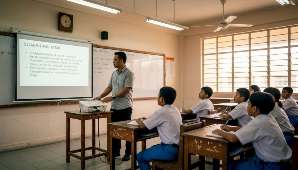Teacher using projector in Malaysian classroom