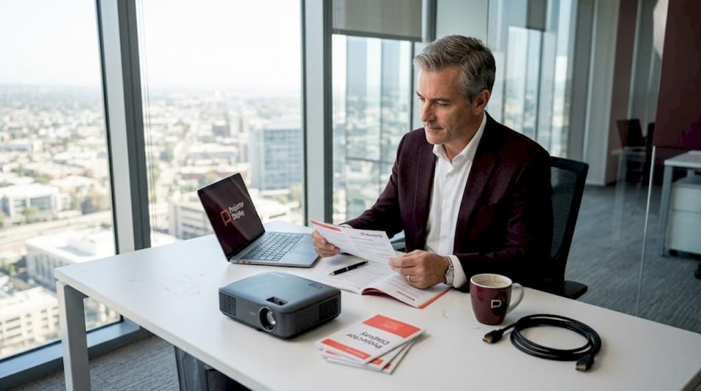IT manager reviewing projector warranty documents