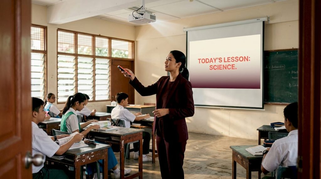 Teacher activates projector as students prepare
