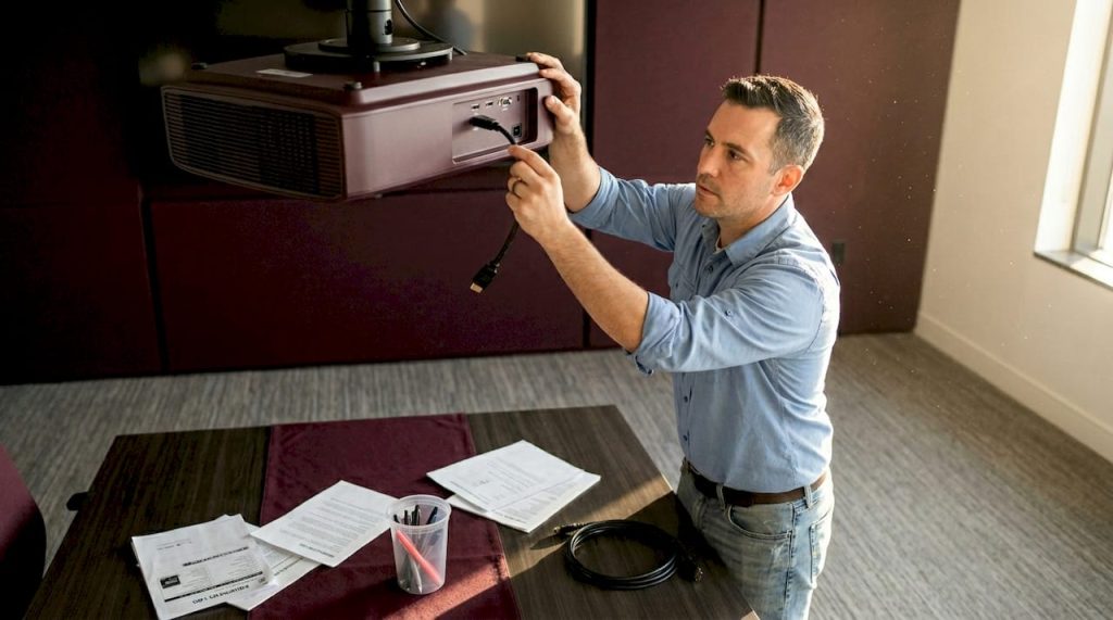 AV technician connecting HDMI cable to projector