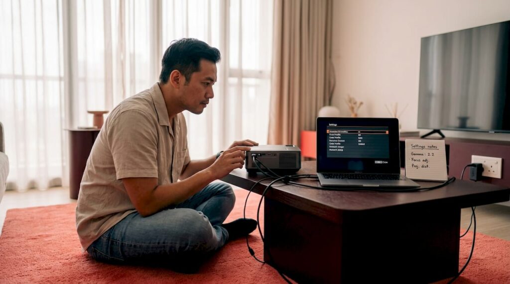Man troubleshooting projector in Malaysia home
