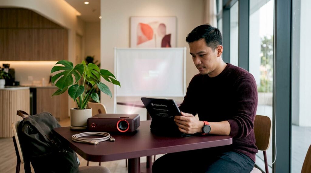 Man setting up wireless projector in living room