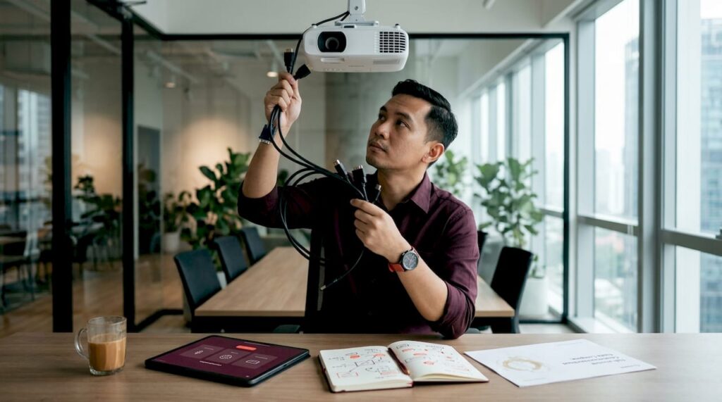 Man troubleshooting projector setup in office