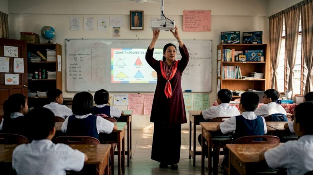 Teacher adjusting projector in Malaysian classroom