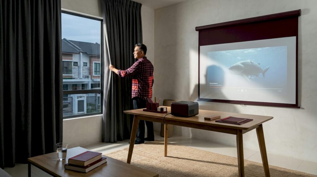 Man adjusting projector drapes in home theater