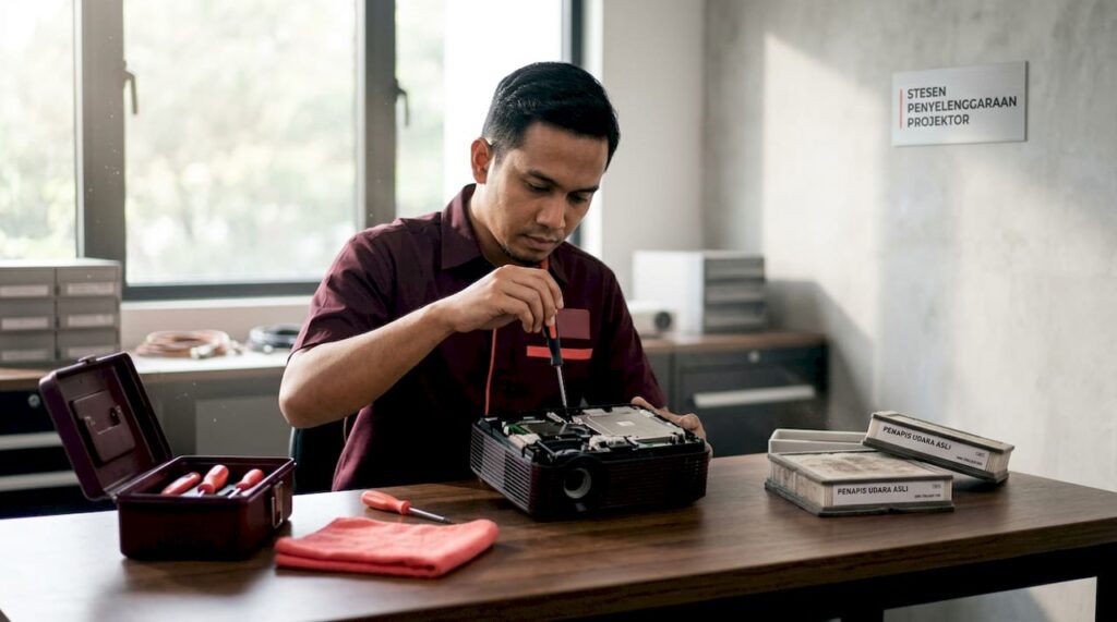 Seorang juruteknik sedang melakukan penyelenggaraan sistem penyejukan projektor bagi memastikan ia berfungsi dengan lancar.