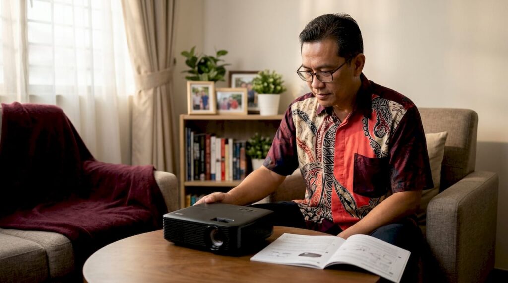 Malaysian man setting up projector at home