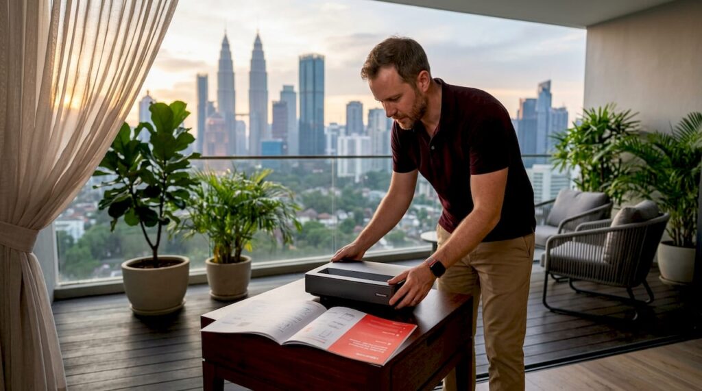 Man installing Hisense PX1 Pro in living room