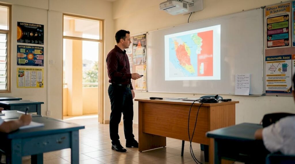 Cikgu sedang mencuba projektor di dalam bilik darjah.