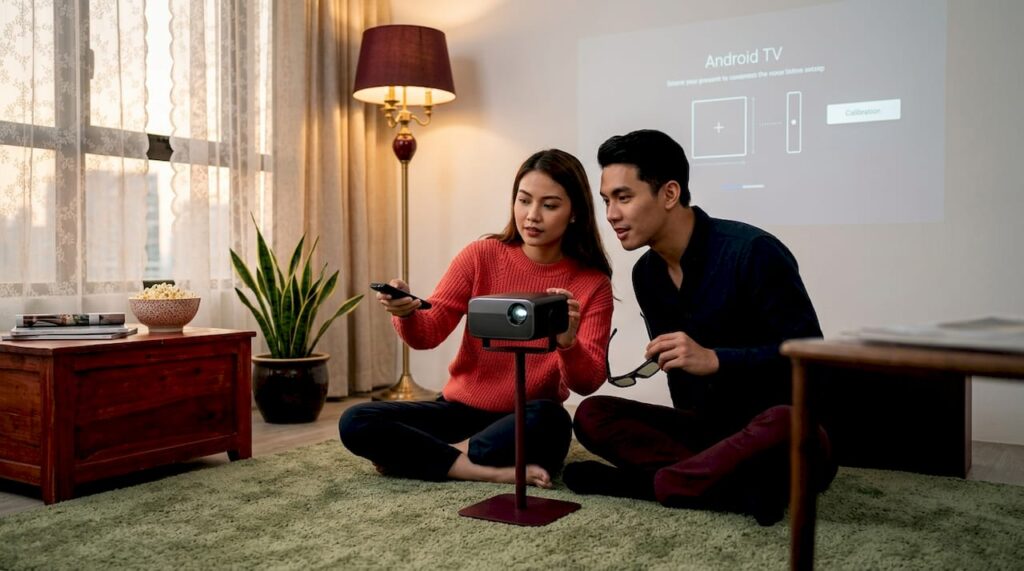 Couple setting up 3D projector at home
