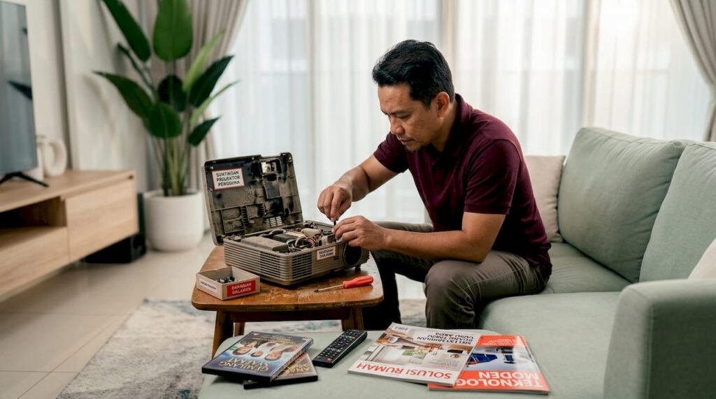 Seorang lelaki sedang membetulkan projektor lama di ruang tamu.