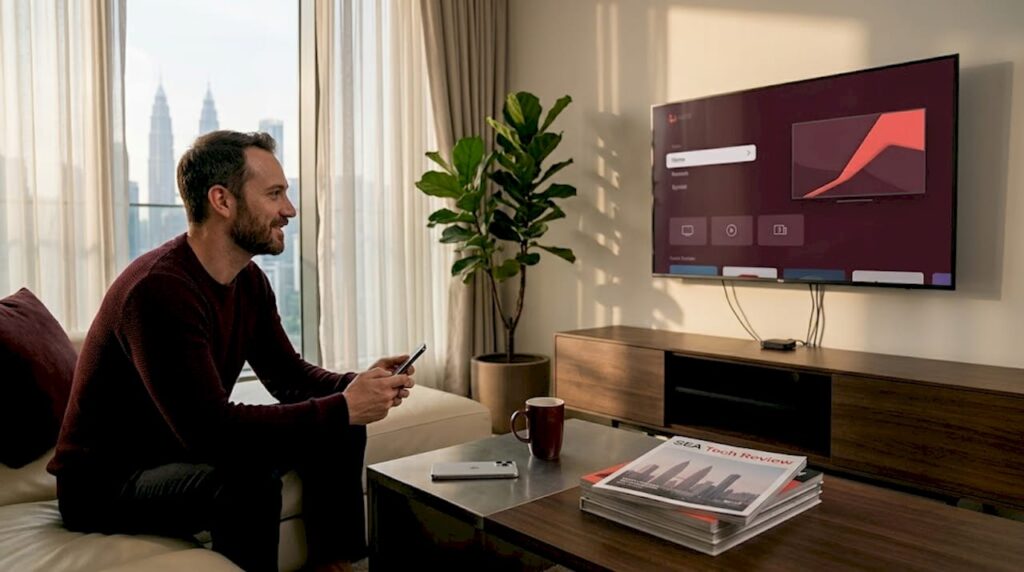 Man configuring TV dongle in Malaysian apartment