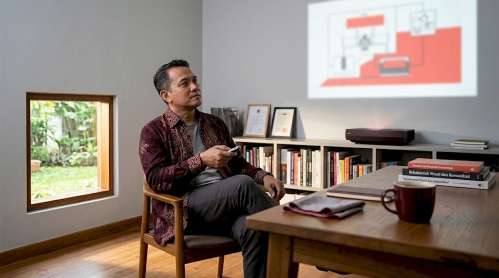 Seorang lelaki sedang menonton tayangan projektor yang agak samar di ruang tamunya.