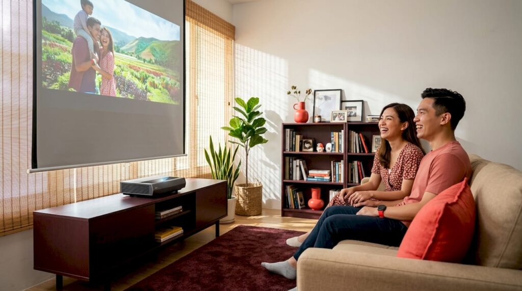 Family viewing movie with projector at home