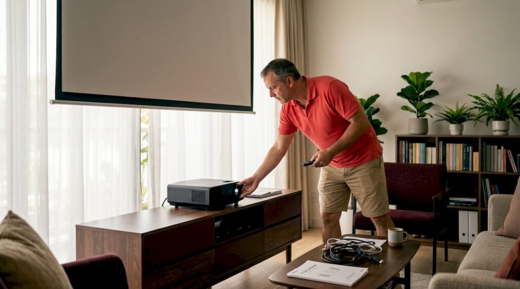 Man adjusting projector in Malaysian living room