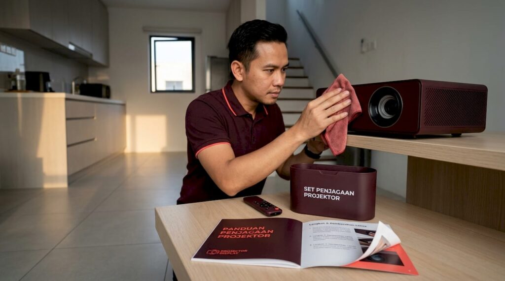 Seorang lelaki sedang mengelap projektor di ruang tamu.