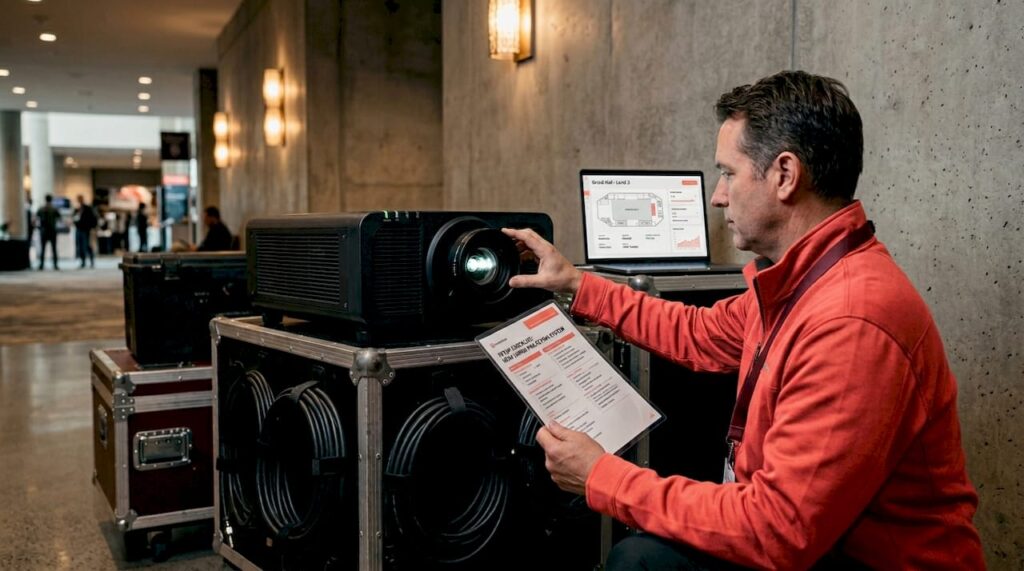 Technician adjusting large venue projector backstage